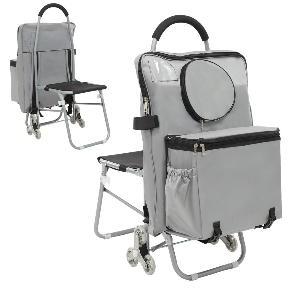 Foldable Rolling Art Cart with Seat for Outdoor Painting, Stair Climbing Carts Chair Shopping Carts with Built-in Seat, Removable Bag (Gray)