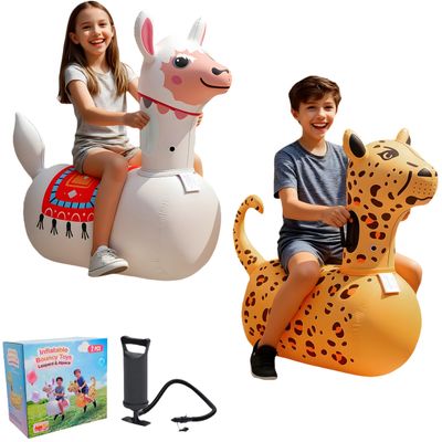 Inflatable Bouncy Leopard & Alpaca Toys 2PCS,Heavy Duty Giant Inflatable Bouncy Toys For Age 5+ with Air Pump ,Indoor Outdoor Ride On Bouncy Animal Hopper Toy,220lbs Load Capacity Gifts For Boys Girls