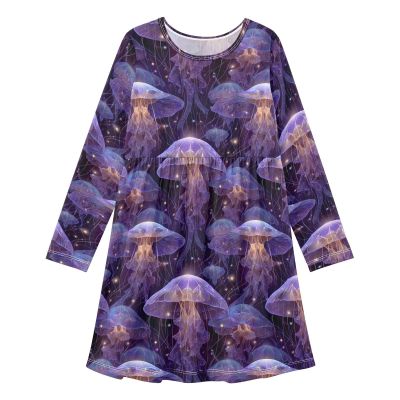 Aflyko Ocean Skater Dress Jellyfish Fantasy Galaxy Purple Cute Girl Casual Wear Relaxed Fit Holiday Costume Festive Lovely Birthday Present, 9-10Y