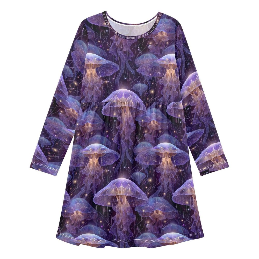 Aflyko Ocean Skater Dress Jellyfish Fantasy Galaxy Purple Cute Girl Casual Wear Relaxed Fit Holiday Costume Festive Lovely Birthday Present, 9-10Y