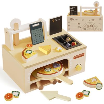 Wooden Pizza Toy Playset for Kids Ages 35, Montessori Pretend Play Food & Wooden Kitchen Playset with Easy Bake Oven, Slice & Serve Pizza Maker Toy, Educational Cooking Gift for Boys and Girls