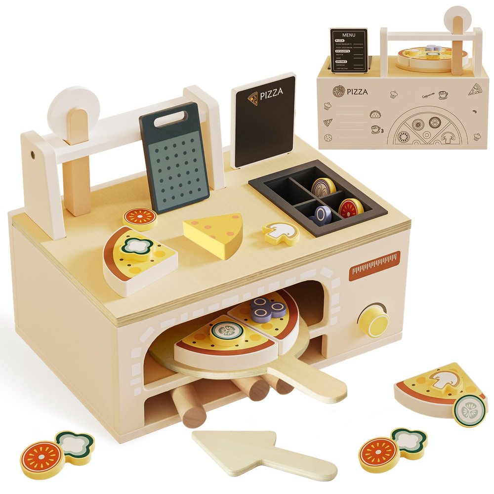 Wooden Pizza Toy Playset for Kids Ages 35, Montessori Pretend Play Food & Wooden Kitchen Playset with Easy Bake Oven, Slice & Serve Pizza Maker Toy, Educational Cooking Gift for Boys and Girls