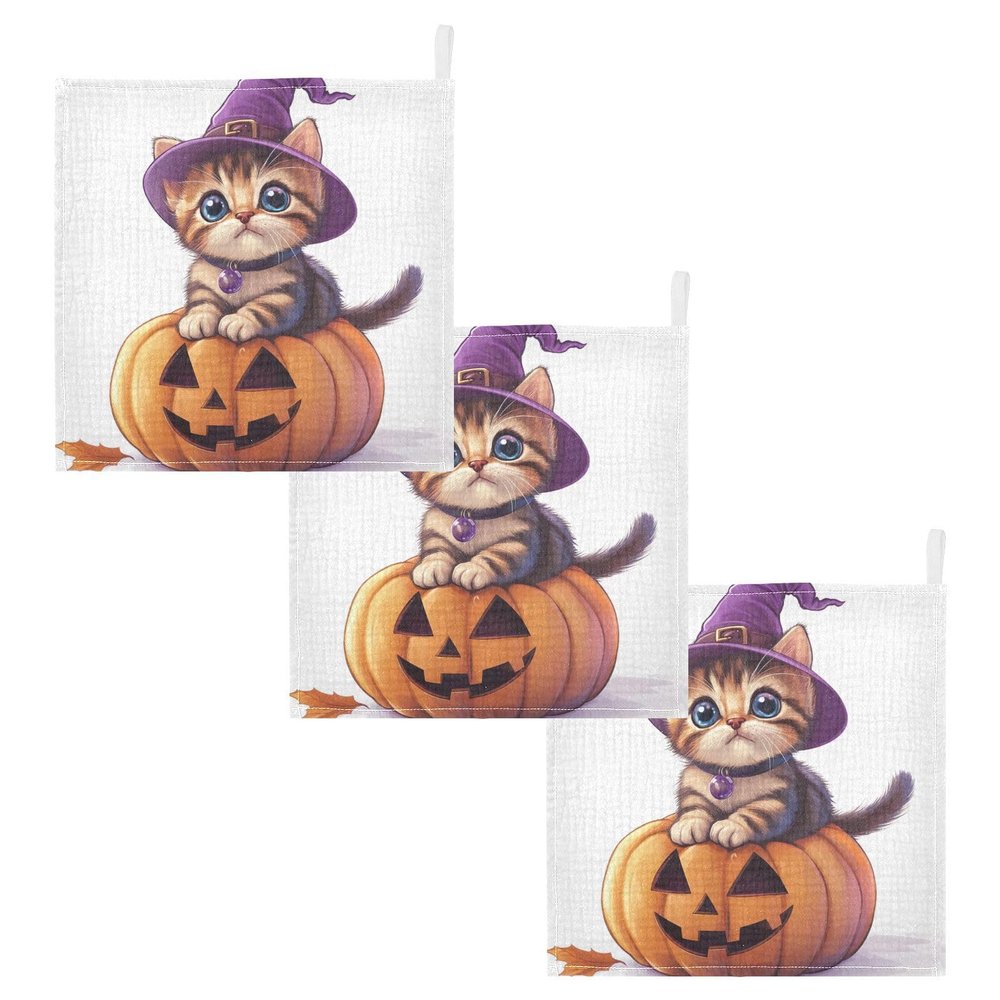 YETTASBIN Halloween Cat Muslin Baby Hand Washcloths, Soft Cotton Bath Face Towel, 4 Layers Extra Absorbent Feeding Burp Cloth for Newborn Infant, 3 Pack