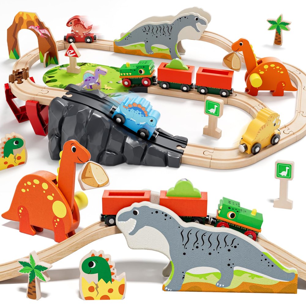 Lehoo Castle Wooden Train Set - Dinosaur Train Set for Toddlers 2-4, Wooden Train Track Railway Playset Toys for 3 4 5 6 Year Old Boys Girls Birthday Gifts