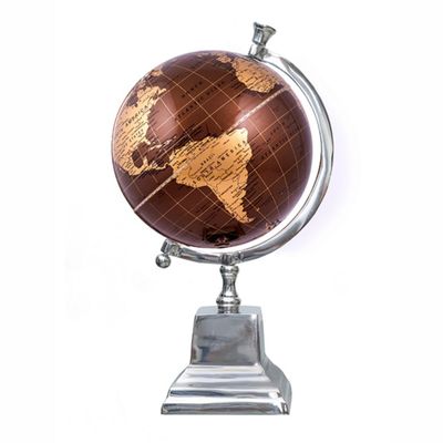 Chocolate Brown Metal World Globe  15H Decorative Globe with Silver Aluminum Square Pedestal Base, Brown & Gold Tabletop Accent