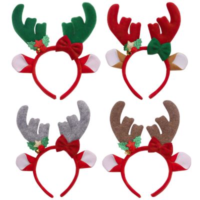 4-Piece Christmas Deer Antler Headbands, Plush 9X7.9 In Holiday Hair Accessories With Bows, Stars & Holly For Party Looks And Photo Props