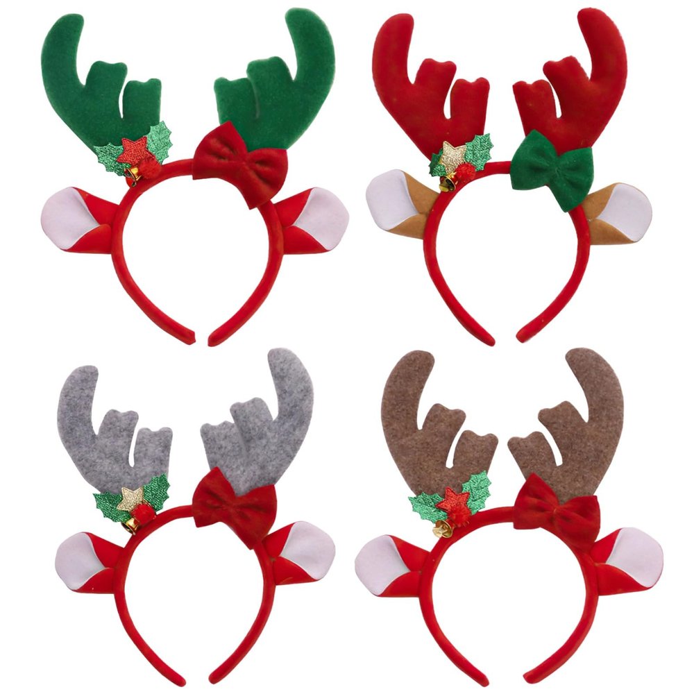 4-Piece Christmas Deer Antler Headbands, Plush 9X7.9 In Holiday Hair Accessories With Bows, Stars & Holly For Party Looks And Photo Props