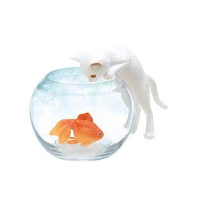 Newbee4 Miniature All 4 Types Cute White Black Calico Neko Hachiware cat and Goldfish in Fish Tank Model Figures, Aquarium Ornaments, Home Decoration,Desktop Ornaments (White cat Goldfish)