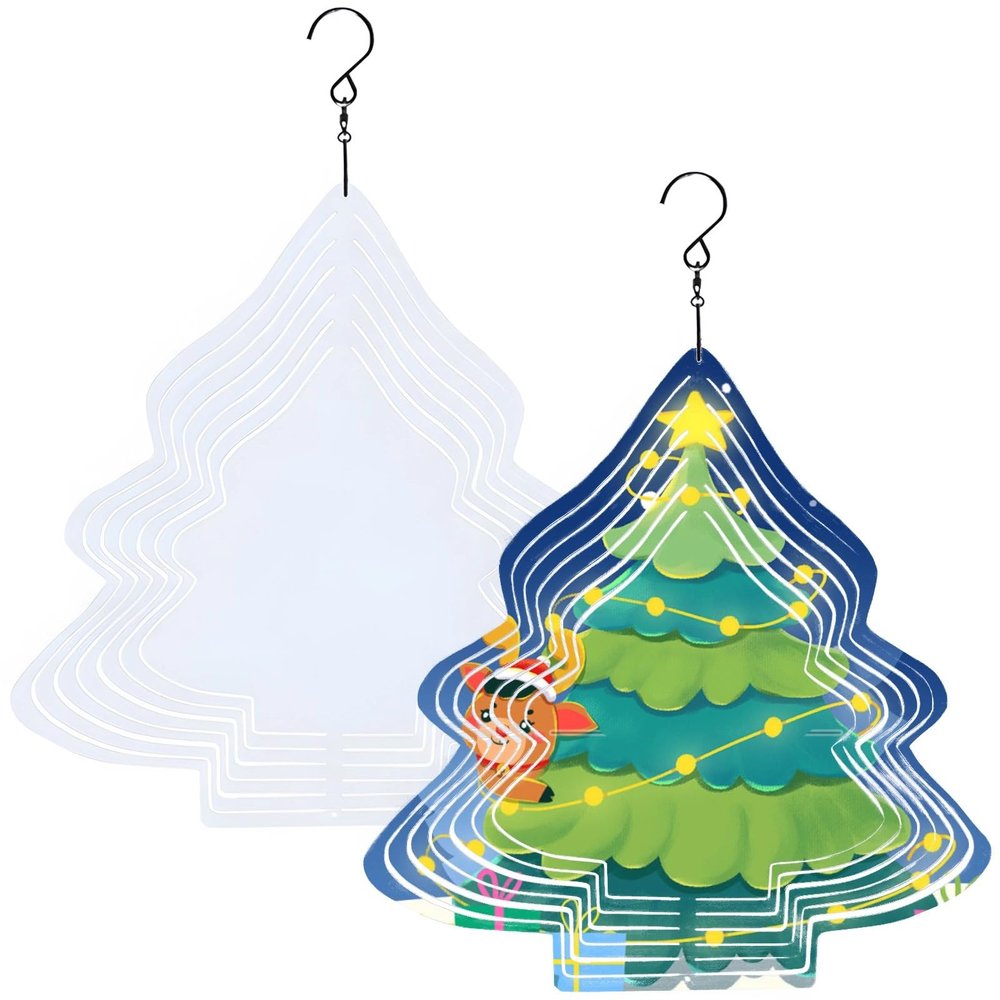2 Pcs Aluminum Christmas Tree Wind Spinners, Double-Sided Printable Wind Chimes with Hooks for DIY Garden & Patio Holiday Decorations
