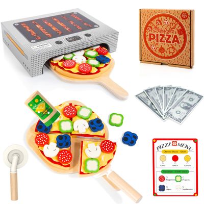 WOODMAM Pizza Toy Set, Montessori Realistic Play Food with Oven Box, Educational Learning Toys for Preschoolers Toddlers Age 3 4 5 6, Christmas Birthday Gift for Kids
