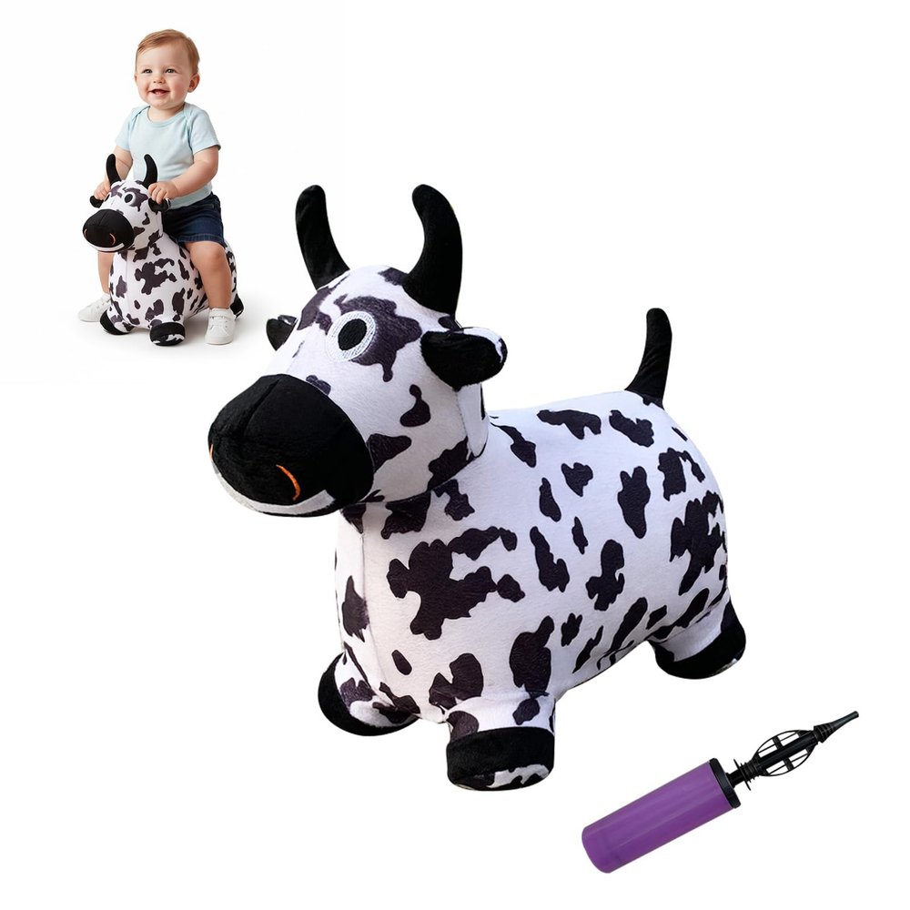 THXKNJ Inflatable Hopper Cow with Pump, Plush-Covered Bouncy Cow Seat for Indoor/Outdoor Use, Farm-Themed Dcor and Photo Prop