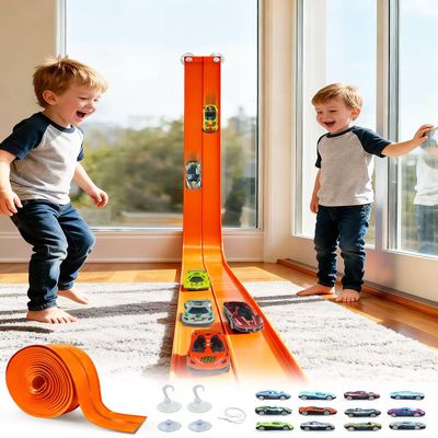 15Ft Flex Track Starter Set  Classic Extra Long Bendable Flexible Race Car Track, Rolls Up Racetrack Portable, Compatible with Diecast 1/64 Scale Cars Hot Wheels Matchbox, Kids 3+ Years-Orange