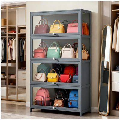 4-Tier Display Cabinet with Acrylic Flip Doors, Transparent Bamboo Curio Display Case for Figures, Display Shelves for Collectibles for Home, Living Room,Gray,4 flip Doors