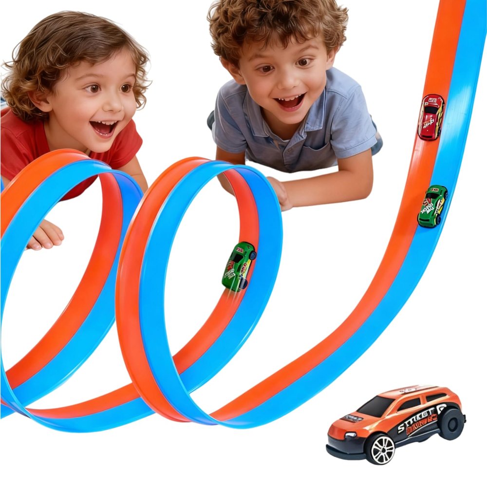 YHPANSHIZ 20-Foot Flexible Two-Color Racetrack with Suction Cup is a Portable Roll-up DIY Racetrack with Four 1/64 Die-cast Cars. Suitable for Boys and Girls Ages 3+.