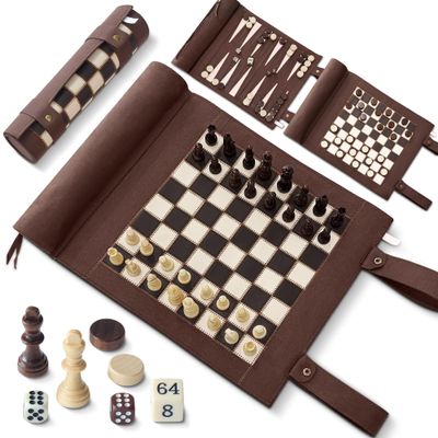 Woodronic Magnetic Chess Checkers Backgammon Set, 3 in 1 Magnetic Chess Game for Adult, Roll-up Portable Suede Board Game for Outdoor, Travel Backgammon Strategy Game Set for 2 Players, Dark Brown
