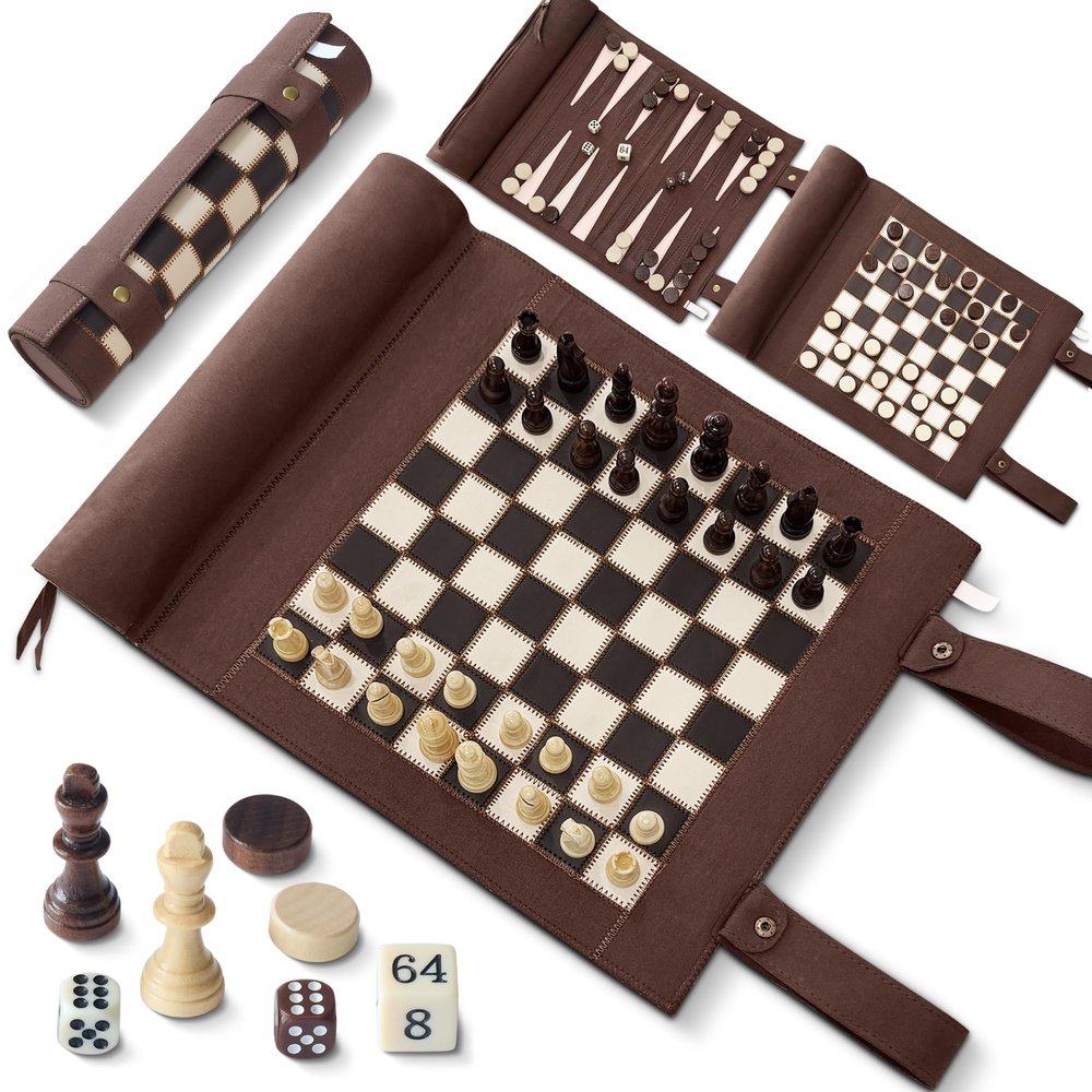 Woodronic Magnetic Chess Checkers Backgammon Set, 3 in 1 Magnetic Chess Game for Adult, Roll-up Portable Suede Board Game for Outdoor, Travel Backgammon Strategy Game Set for 2 Players, Dark Brown