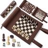 Woodronic Magnetic Chess Checkers Backgammon Set, 3 in 1 Magnetic Chess Game for Adult, Roll-up Portable Suede Board Game for Outdoor, Travel Backgammon Strategy Game Set for 2 Players, Dark Brown view 1