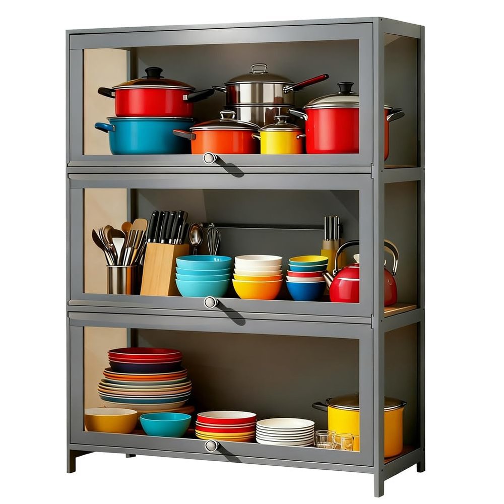 3-Tier Curio Display Cabinet, Storage Shelves with Acrylic Flip Door, Collectibles Toy Organizers Rack & Display Shelf, Bookshelf and Bookcase for Playroom,Gray,3 flip Doors