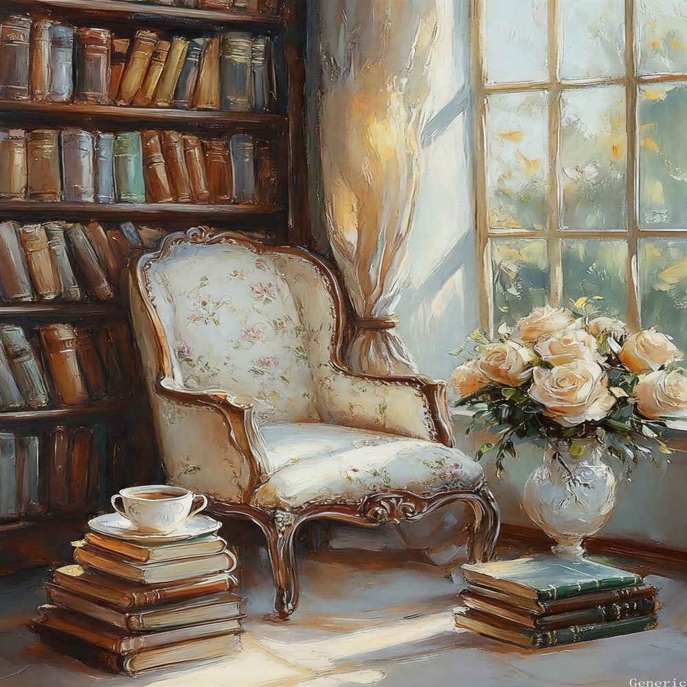 1000 Piece Adults Wooden Jigsaw Puzzle, Cozy Reading Nook with Armchair, Teacup, Books, Oil Painting Texture, Charming Challenge for Relaxation and Wall Art, Adults Puzzles 20x28in