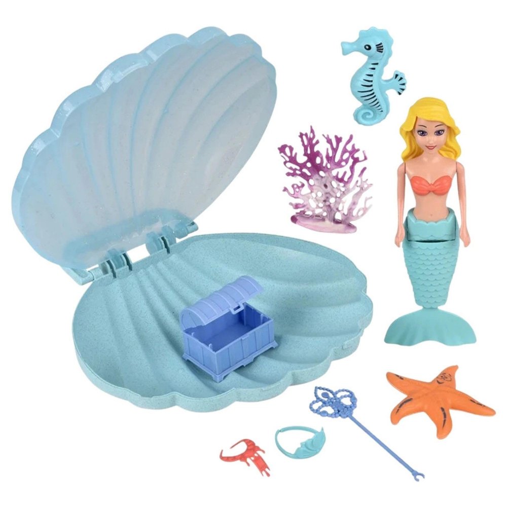 Wind-Up Mermaid Clam Shell Play Set  1 Set - Swimming Mermaid Toy with Accessories and Storage Case