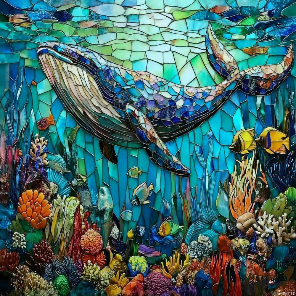 1000 Piece Adults Wooden Jigsaw Puzzle, Stunning Underwater World Featuring Stained Glass Whale, Exploratory Hobbies and Challenges, Hours of Focused Entertainment Home Art 20x28in