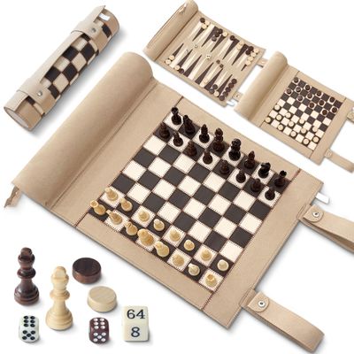 Woodronic Magnetic Chess Checkers Backgammon Set, 3 in 1 Magnetic Chess Game for Adult, Roll-up Portable Suede Board Game for Outdoor, Travel Backgammon Strategy Game Set for 2 Players, Beige