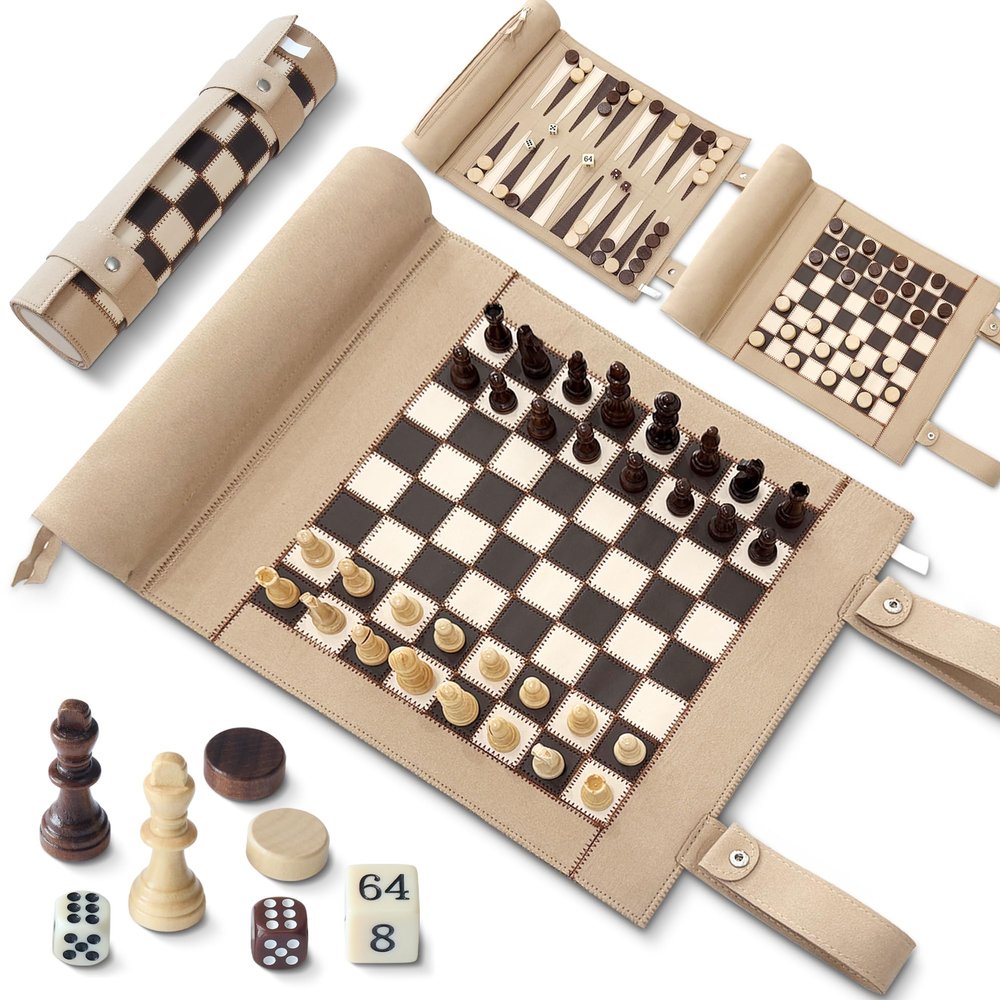 Woodronic Magnetic Chess Checkers Backgammon Set, 3 in 1 Magnetic Chess Game for Adult, Roll-up Portable Suede Board Game for Outdoor, Travel Backgammon Strategy Game Set for 2 Players, Beige