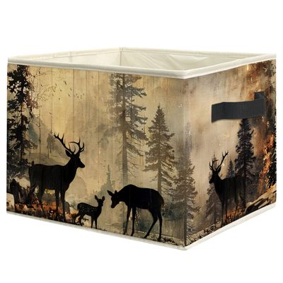 WARDOS Vintage Camping Forest Deer Nursery Storage Bin Box with Handles, Farmhouse Rustic Deer Foldable Linen Fabric Laundry Basket for Kids Room Nursery Playroom Bathroom Home Clothes Toys Books