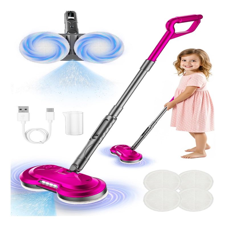 BLAXTEM Kids Electric Spray Spin Mop Toy, Rechargeable Cordless Electric Mop W/ Water Sprayer & LED Headlight for Children Boys & Girls, Cleaning Toy for Pretend Play (Rose Red)