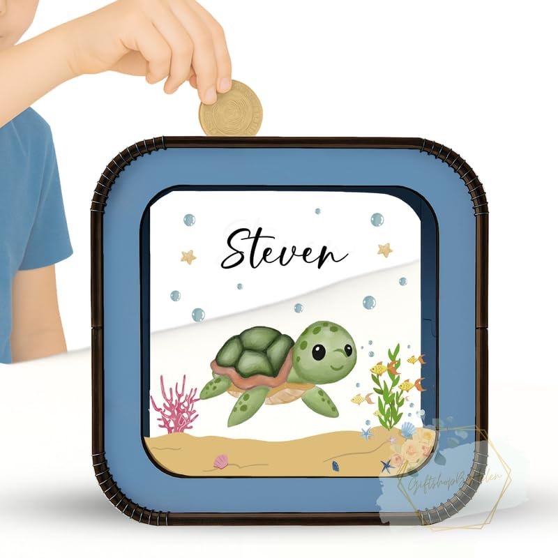 Customized Turtle Piggy Bank for Kids | Personalized Wooden Ocean Life Savings Bank | Unique Coin Holder Jar | Cute Birthday & Holiday Keepsake Gift Idea
