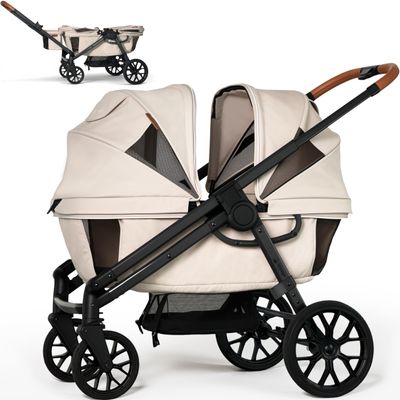 Wagon Stroller for 2 Kids, All-Terrain with Removable UV-Protection Canopy, Adjustable Push/Pull Handle, Snack Tray & Cup Holders, Perfect for Baby and Toddler (Khaki)
