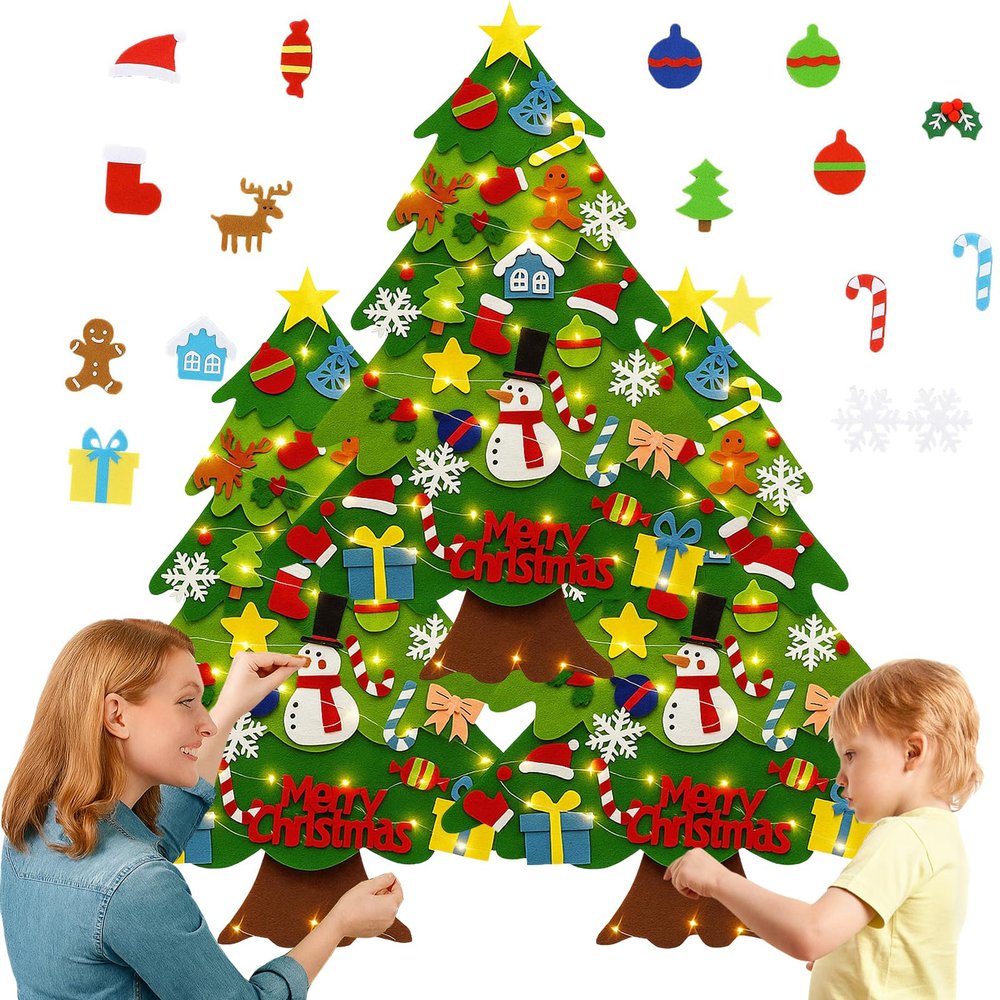 32 Pc Felt Christmas Tree for Toddlers, Felt Christmas Tree - Oversized 3D Felts Xmas Trees with Lights, DIY Holiday Decoration (3 Pcs)