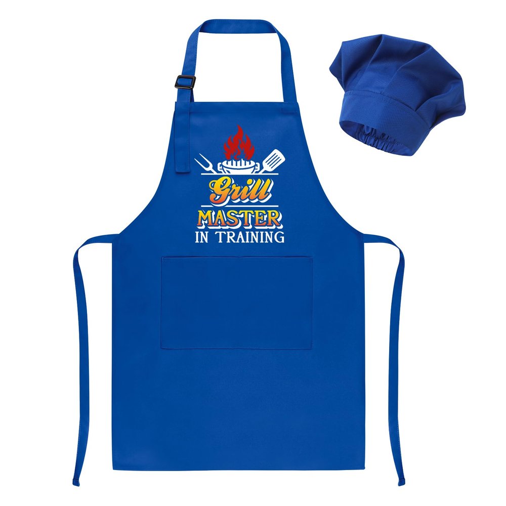 XLSXEXCL Kids Apron and Chef Hat Set, Funny Apron Adjustable Child Aprons Chef in Training Kitchen Aprons for Boys and Girls for Cooking, Baking, Painting, Training (Blue)