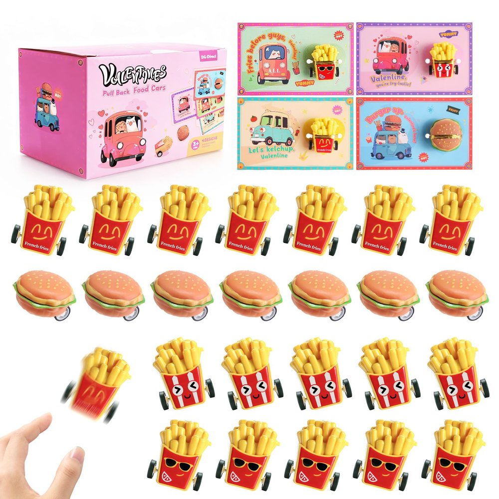 28 Pcs Valentines Day Pull-Back Burger&Fries Cars and Cards, Valentines Day Gifts for Kids, Cute Fidget Toys for Kids Valentines, Valentines Cards for School, Classroom Exchange Party Favors