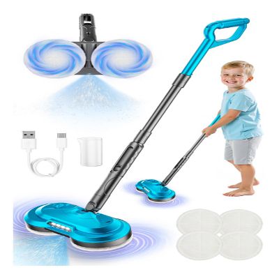 BLAXTEM Kids Toy Electric Spray Spin Mop, Rechargeable Cordless Electric Mop W/ Water Sprayer & LED Headlight for Children Ages 3 4 5 6+ Boys & Girls, Cleaning Toy for Pretend Play (Blue)