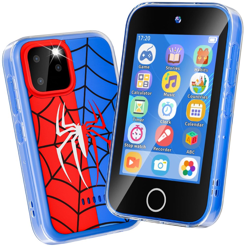 FKATEEN Kids Phone 3.5" Touchscreen, Pretend Smartphone with Dual Camera, Spider Toy Phone for Boys 3-8, Learning ABC & Habit Tracker, Birthday