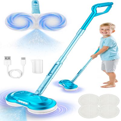BLAXTEM Kids Electric Spray Spin Mop Toy, Rechargeable Cordless Electric Mop W/ LED Headlight & Water Sprayer for Children Ages 3 4 5 6+ Boys & Girls, Cleaning Toy for Pretend Play (Light Blue)