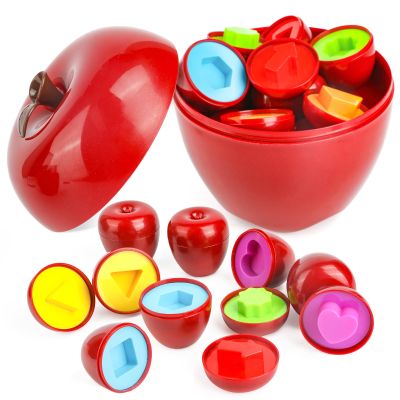 Denwwico Montessori Apple Shape Sorter Toy, Educational Color Sorting Matching Game for Fine Motor Skills, 2-in-1 Sensory Learning Toy and Storage Bin, Sensory Developmental Toy