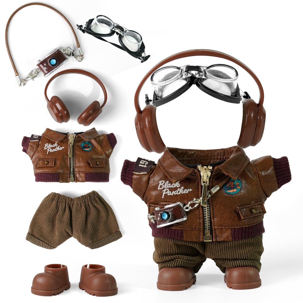6-Piece 17cm Doll Clothes and Accessories, Retro Style Labu-Clothes-bu with Headphones/Glasses/Leather Jacket/Pants/Shoes/Camera