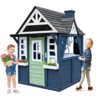 Seizeen Outdoor Kids Playhouse, All Fir Modern Wooden Playhouse, Indoor Outdoor Cottage Play House w/Sink, Stove, Cookware, Flowerpot Holders, Working Doorbell, for Kids Ages 3-8 (Blue)