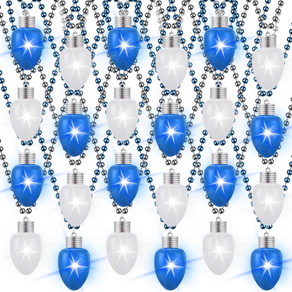 Ferreve 12 Pcs Hanukkah Light up Beads Necklace Bulk LED Hanukkah Lanyard Bulb Necklaces with 3 Light Modes Glow Tossing Beads Accessories for Christmas Chanukah Party Favors Supplies(Blue, White)