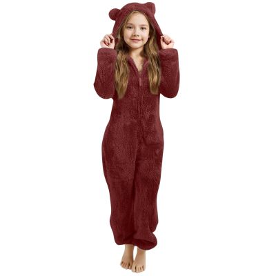 Likthione Girls Fleece Jumpsuits Kids Hooded Rompers Costume Fuzzy Cute Onesie Winter Clothes Warm Playsuit Jumper (2-Wine, 2-3 Years)