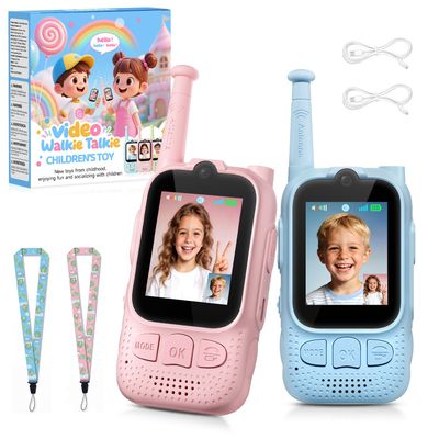 Kids Audio/Video Walkie Talkies, 2 Pack Rechargeable Walkie Talkies for Kids with 2 Screen & Camera & Voice Changer, Long Range Boys Girls Toys for Indoor Outdoor Camping Hiking Games (Pink/Blue)
