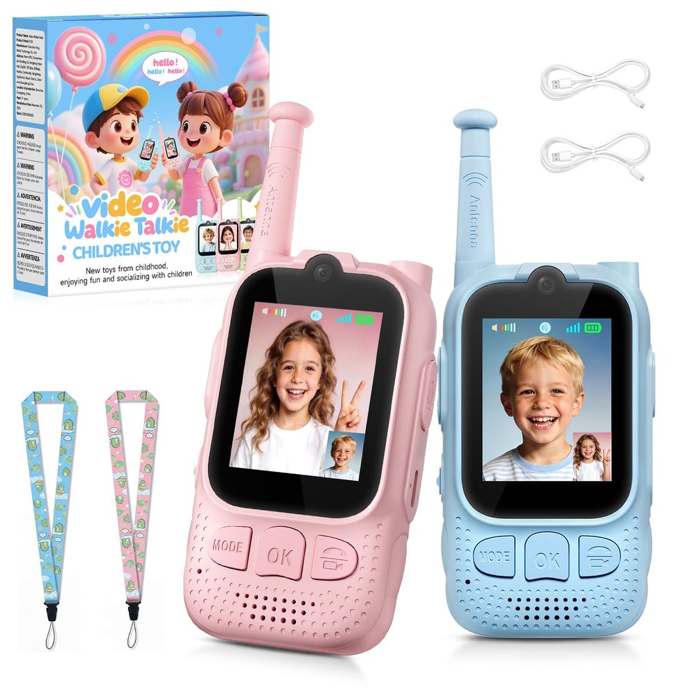 Kids Audio/Video Walkie Talkies, 2 Pack Rechargeable Walkie Talkies for Kids with 2 Screen & Camera & Voice Changer, Long Range Boys Girls Toys for Indoor Outdoor Camping Hiking Games (Pink/Blue)