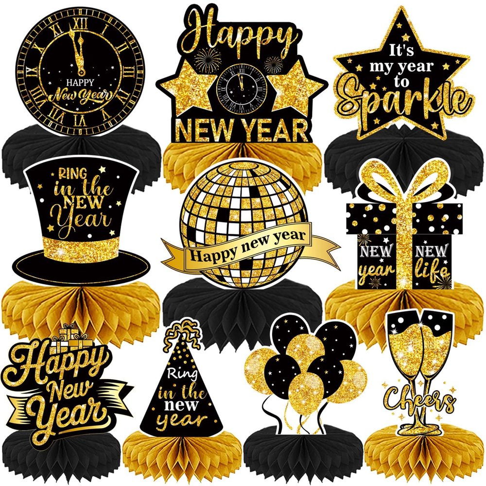 10 Pcs New Years Table Decorations 2026,Black and Gold Happy New Year 2026 Decorations for Table New Year Honeycomb Centerpieces for Party New Years Eve Party Supplies