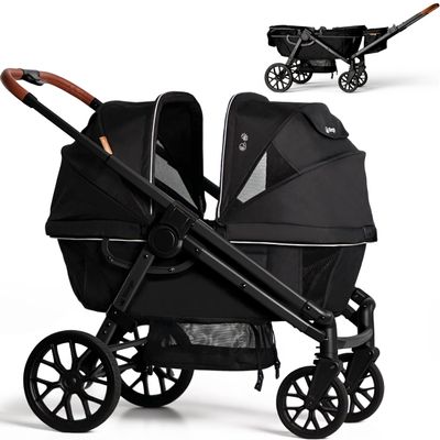 Wagon Stroller for 2 Kids, All-Terrain with Removable UV-Protection Canopy, Adjustable Push/Pull Handle, Snack Tray & Cup Holders, Perfect for Baby and Toddler (Black)