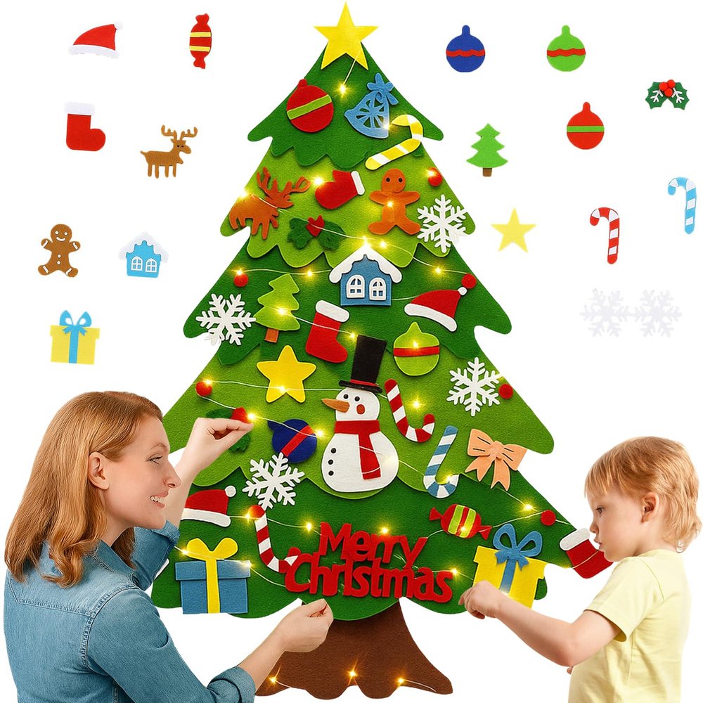 32 Pc Felt Christmas Tree for Toddlers, Felt Christmas Tree - Oversized 3D Felts Xmas Trees with Lights, DIY Holiday Decoration (1 Pcs)