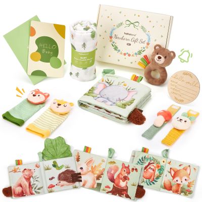 hahaland Baby Newborn Shower Gifts for Boys & Girls with Swaddle Blanket, Rattle Socks and Wristband Set, Plush Rattle, Soft Baby Crinckle Book, Wooden Milestone Card, 0 3 6 12 Months Baby Sensory Toy
