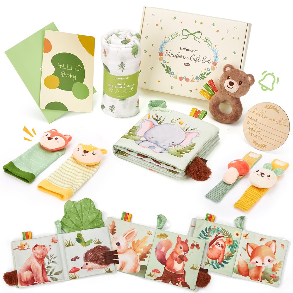 hahaland Baby Newborn Shower Gifts for Boys & Girls with Swaddle Blanket, Rattle Socks and Wristband Set, Plush Rattle, Soft Baby Crinckle Book, Wooden Milestone Card, 0 3 6 12 Months Baby Sensory Toy