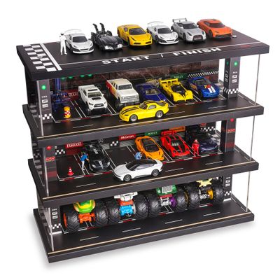 Display Case for Hot Wheels: Toy Car Garage with LED Lights, Freestanding Parking Garage Diorama for 1/64 Diecast Cars, 4-Level Storage Rack with 40 Spots  Cars Not Included